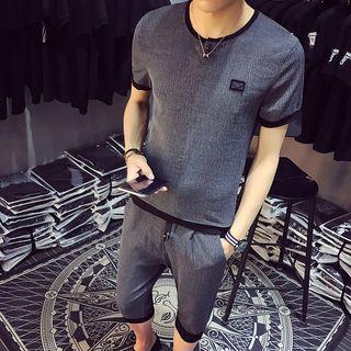 Set: Contrast Trim T-shirt + Cropped Pants