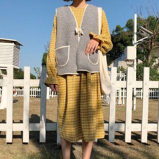 Long-sleeve Plaid Midi Dress / Front-tie Vest