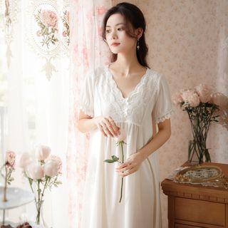 Short-sleeve V-neck Midi A-line Sleep Dress