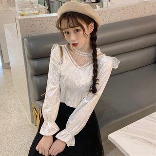 Long-sleeve Mesh-panel Velvet Top