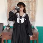 Long-sleeve Sailor-collar Midi A-line Pleated Dress Black - One Size