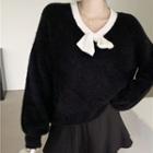 Contrast Trim Bow Accent Sweater Black - One Size