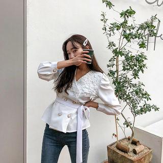 Lace-panel Double-breasted Wrap Blouse White - One Size
