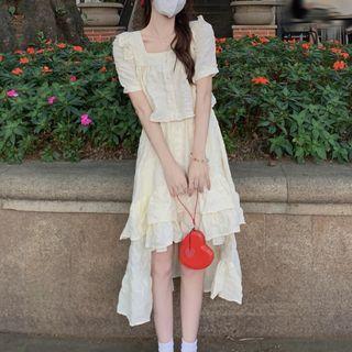 Short-sleeve Square Neck Cropped Blouse / Asymmetrical A-line Skirt