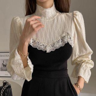 Puff-sleeve Lace-panel Velvet Blouse Ivory - One Size