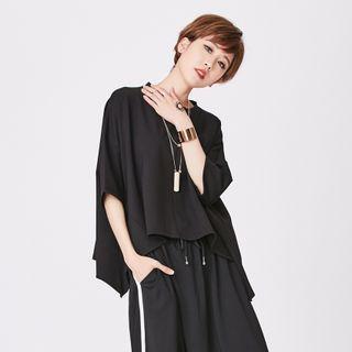 Round-neck Plain Oversize Zip Top Black - One Size