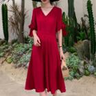 V-neck Elbow-sleeve A-line Dress Black - 4xl