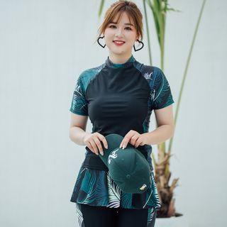 Set: Short-sleeve Print Swim Top + Skirt + Pants