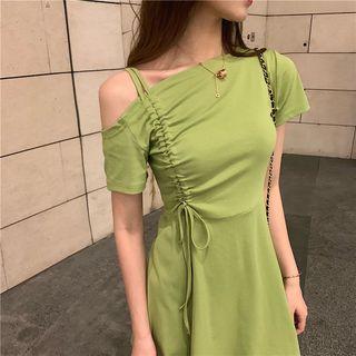 Off-shoulder Short-sleeve Drawstring Dress