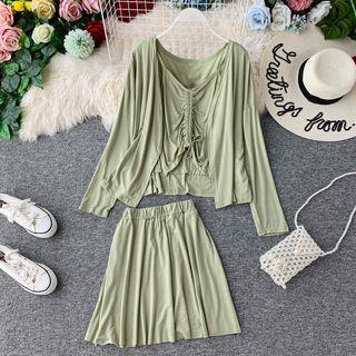 Set: Drawstring Camisole Top + A-line Skirt + Open Front Light Jacket