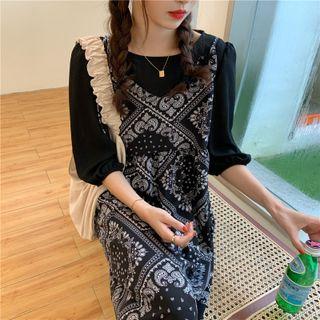 Short-sleeve Top / Strappy Patterned Midi A-line Dress