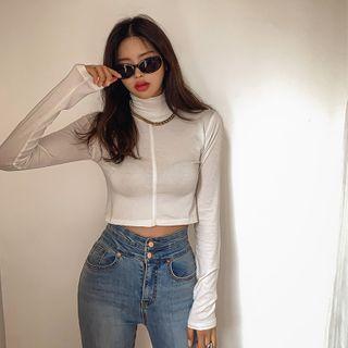 Turtle-neck Seam-trim Crop Top