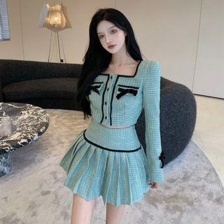 Plaid Lace Trim Cropped Jacket / Mini Pleated Skirt / Set
