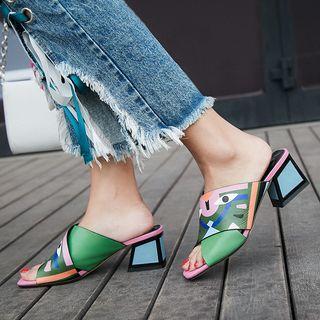 Color Block Printed Block Heel Slide Sandals