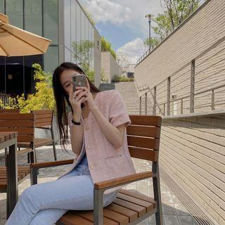 V-neck Short-sleeve Tweed Jacket Pink - One Size
