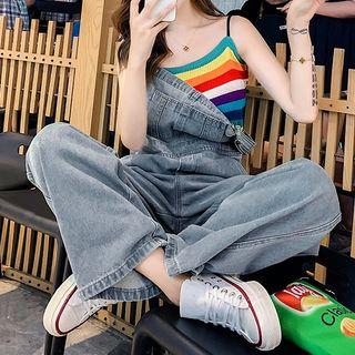 Striped Camisole Rib Knit Top / Washed Wide Leg Denim Jumper Pants / Set