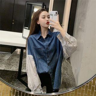Striped Panel Long-sleeve Denim Shirt As Shown In Figure - One Size