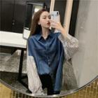 Striped Panel Long-sleeve Denim Shirt As Shown In Figure - One Size