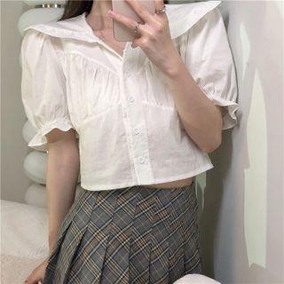 Lapel Ruffled Crop Blouse White - One Size