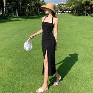 Spaghetti-strap Halter Slit Midi A-line Dress