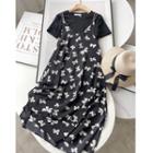 Set: Short-sleeve T-shirt + Ribbon Print Midi A-line Overall Dress