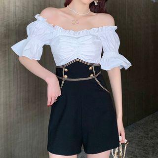 Mock Two Piece Puff-sleeve Off-shoulder Playsuit