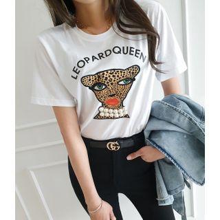 Faux-pearl Leopard-printed T-shirt