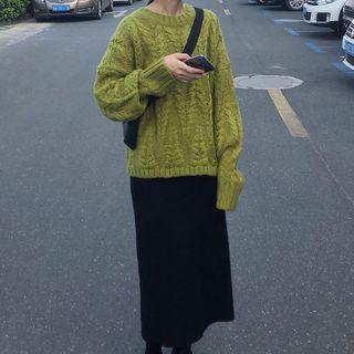 Oversize Plain Cable Knit Sweater / High-waist Plain Slit Knit Skirt