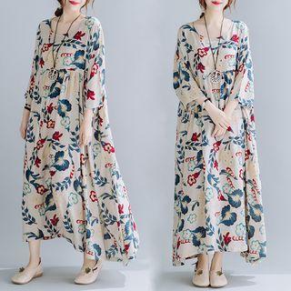 3/4-sleeve Floral Midi Smock Dress Off-white - One Size