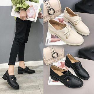 Faux Leather Metal Tip Shoestring Block Heel Pumps