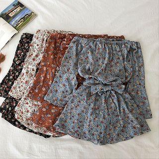 Floral Off-shoulder Flare-sleeve Lace-up Jumper Skort