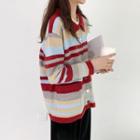 Collared Striped Cardigan Red & Almond & Light Blue - One Size