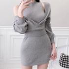 Set: V-neck Sweater + Sleeveless Mini Knit Dress Sweater - Gray - One Size / Skirt - Gray - One Size