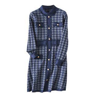 Long-sleeve Houndstooth Dress Navy Blue - One Size