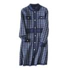 Long-sleeve Houndstooth Dress Navy Blue - One Size