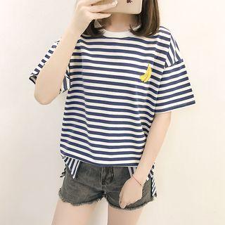 Banana Embroidered Striped Short Sleeve T-shirt