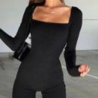 Long-sleeve Square-neck Knit Romper