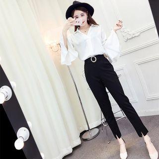 Set: Collared Bell-sleeve Blouse + Straight-cut Pants