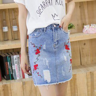 Flower Embroidered Mini Denim A-line Skirt