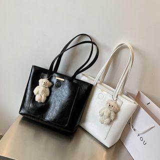 Bear Charm Faux Leather Tote Bag