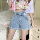 High Waist Lettering Patch Washed Denim Shorts