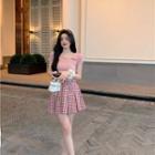 Square-neck Plain Ruffle Top / High-waist Plaid A-line Mini Skirt