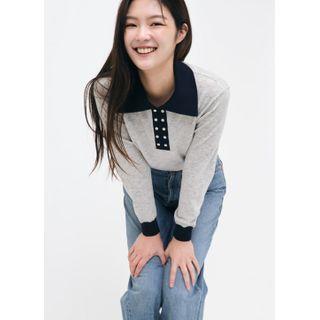 Contrast-collar Double-button Knit Top