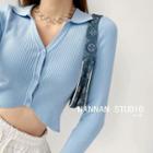 Collared Button-down Crop Knit Top