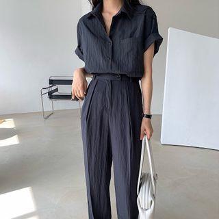 Short-sleeve Shirred Shirt / Wide Leg Pants