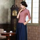 Check 3/4 Sleeve Cheongsam Top