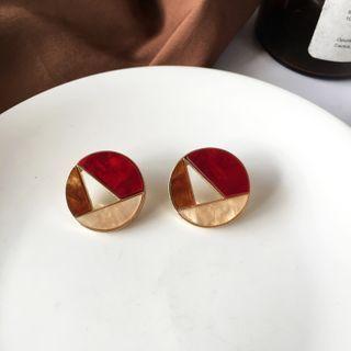 Button Stud Earring 1 Pair - Button Stud Earring - Red & Brown - One Size