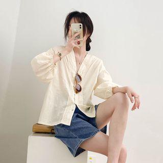 V-neck Plain Lace Button-up Oversize Blouse