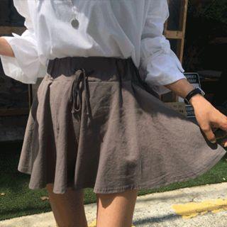 Drawstring-waist Flared Linen Blend Skort