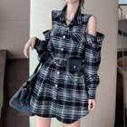 Long-sleeve Zip Shoulder Plaid Shirt Black - One Size